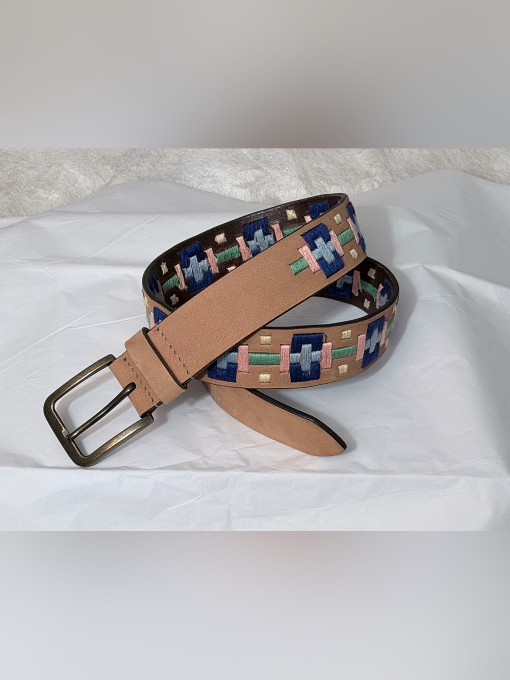 Free People Tan Leather Belt with Navy, Pink & Green Embroidery